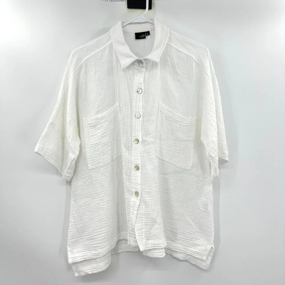 Lisa Bayne White 100% Cotton Gauzey Lagenlook Button Front Blouse Women's Large - Picture 1 of 5
